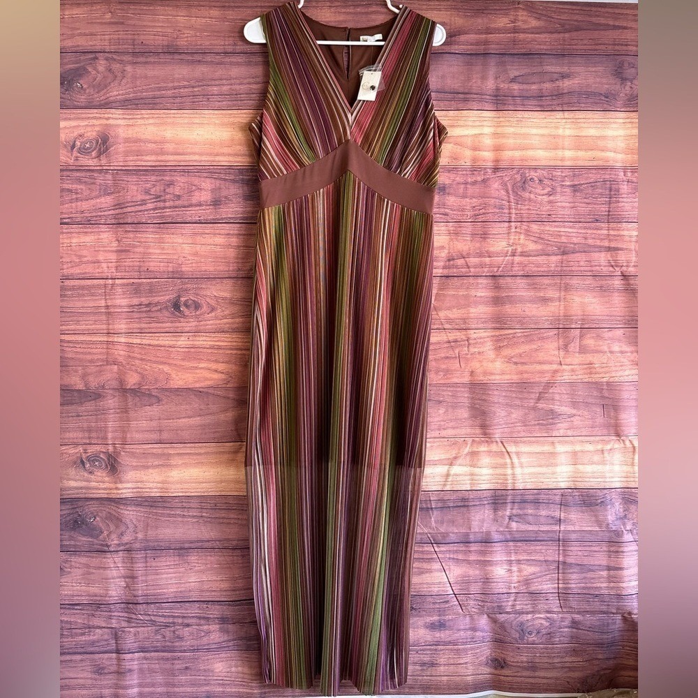 Est. 1946 Womens Striped Pleated Mesh Maxi Dress Brown Green Pink Size M NEW